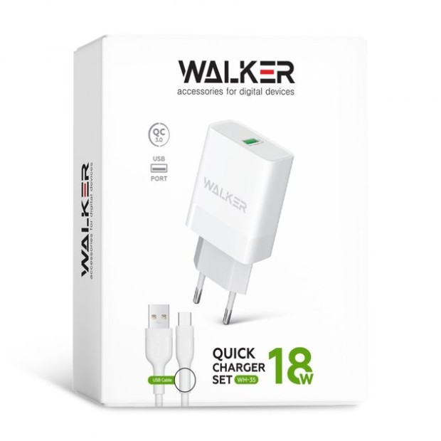 Walker WH-35 3A 18W Power Adapter (1USB) + Lightning Cable (White)